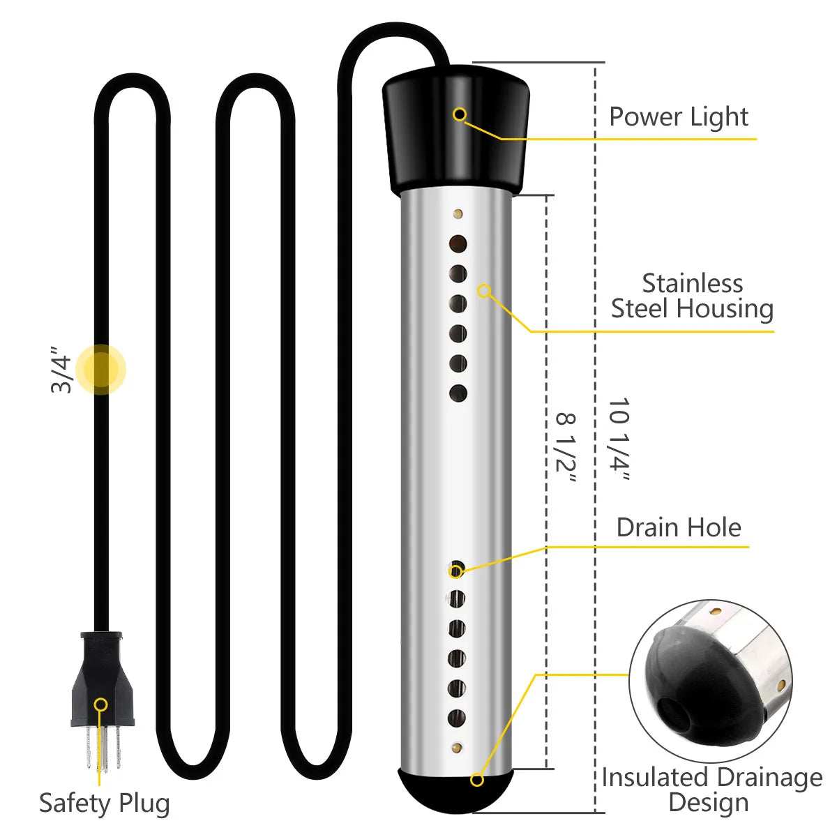 Portable Pool Water Heater 1500W Immersion Tubular Electric Heater with Digital Thermometer