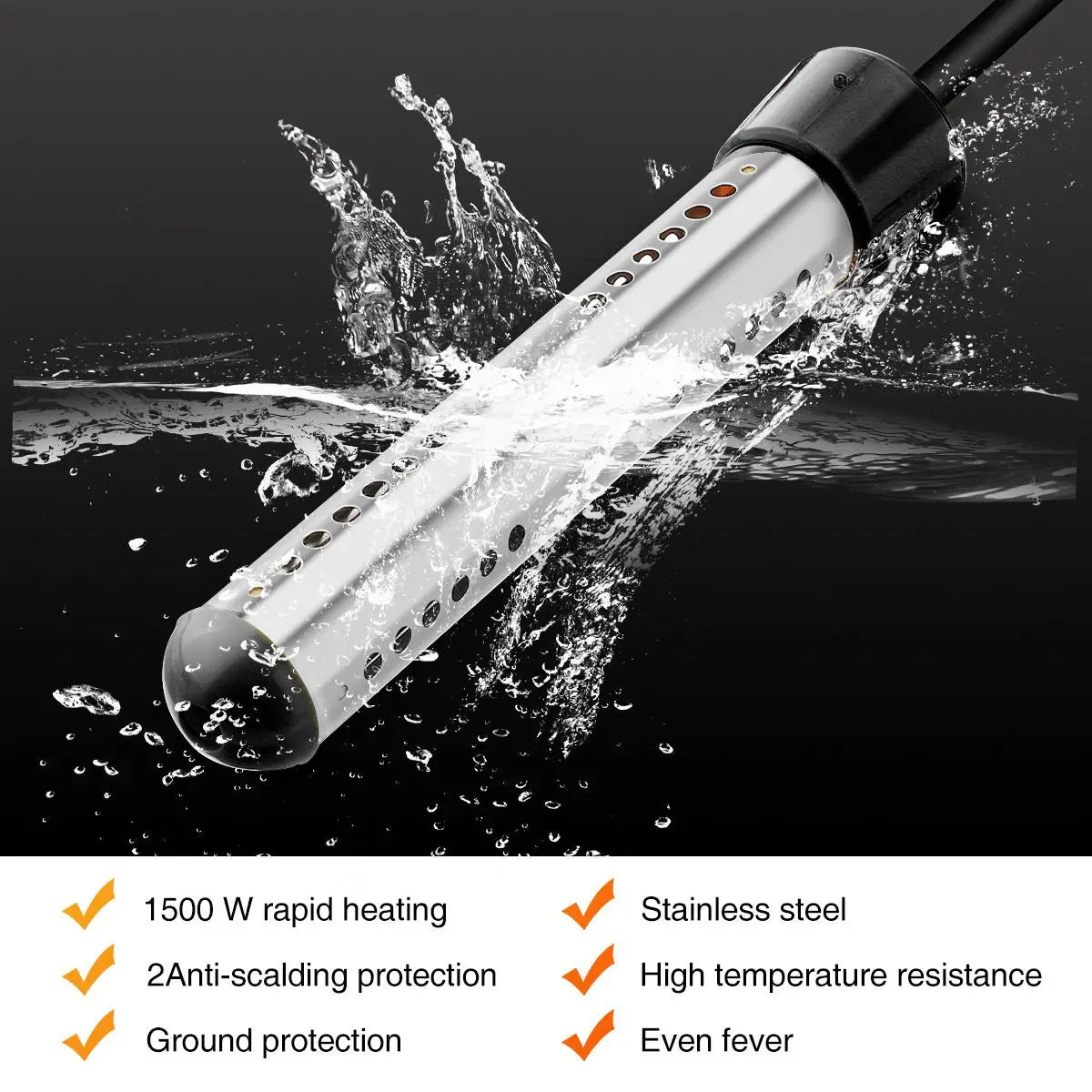 Portable Pool Water Heater 1500W Immersion Tubular Electric Heater with Digital Thermometer