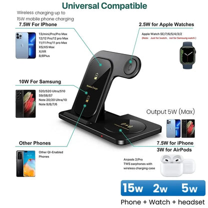 3 in 1 Wireless Charger Stand Pad For iPhone 15 14 13 12 X
