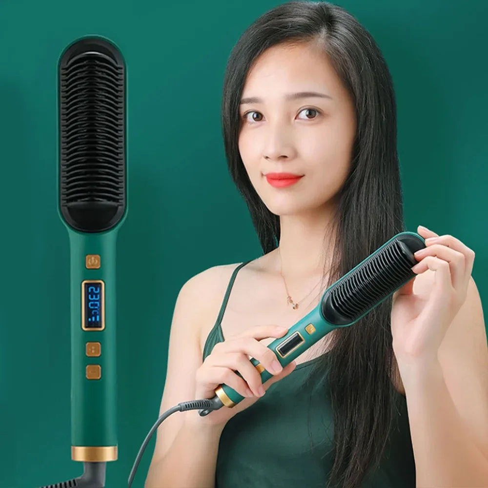 Electric Professional Negative Ion Hair Straightener Brush Curling Comb with Lcd Display
