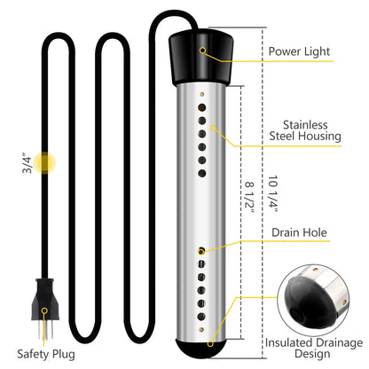 Portable Pool Water Heater 1500W Immersion Tubular Electric Heater with Digital Thermometer