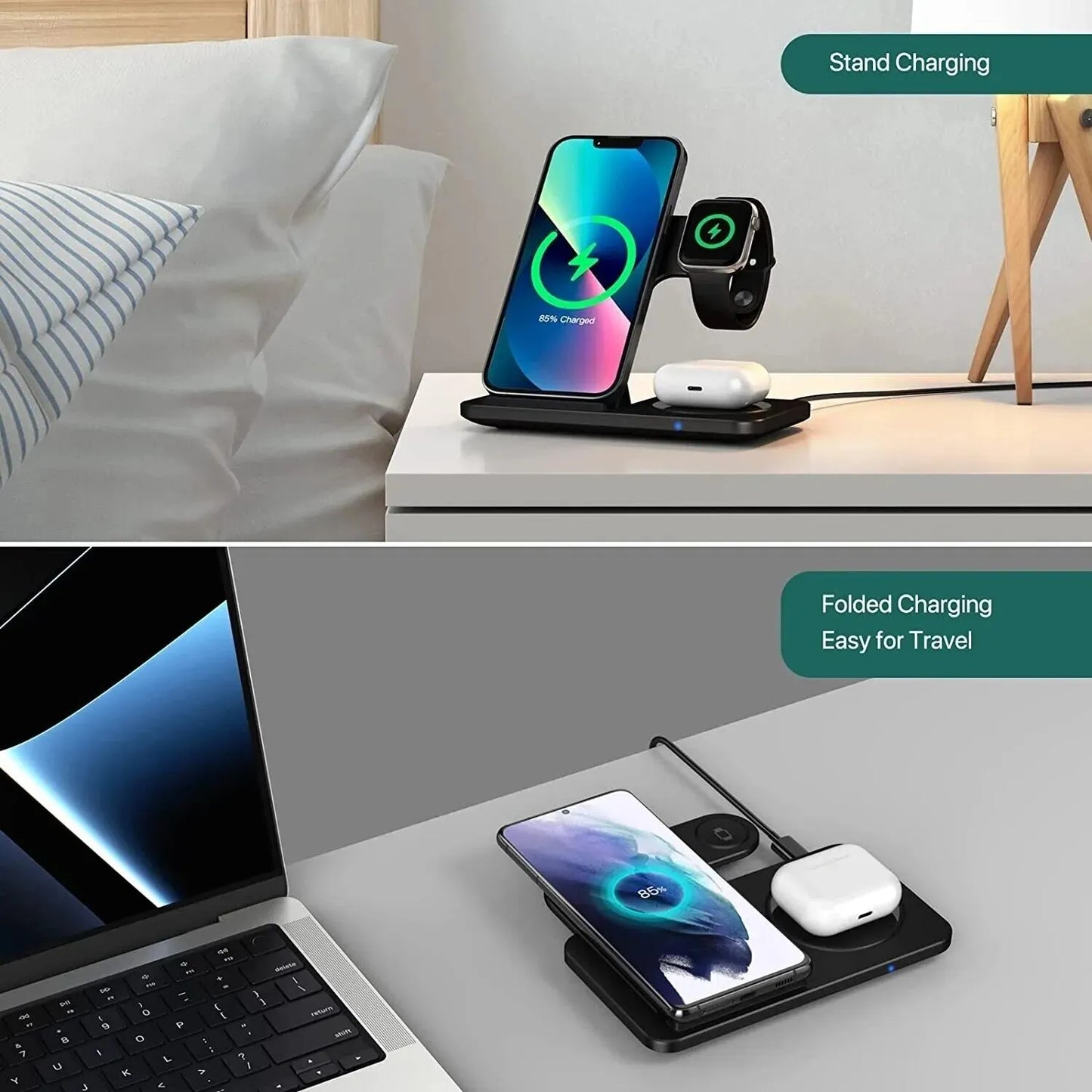 3 in 1 Wireless Charger Stand Pad For iPhone 15 14 13 12 X